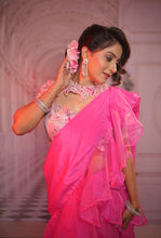 ROSIE - Hot Pink Ruffle Saree  with Jacket in chiffon Organza Embroidered Bustier With Straps .