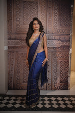 Navy Blue Beads and Diamond Embellished Border Saree In Satin Silk .