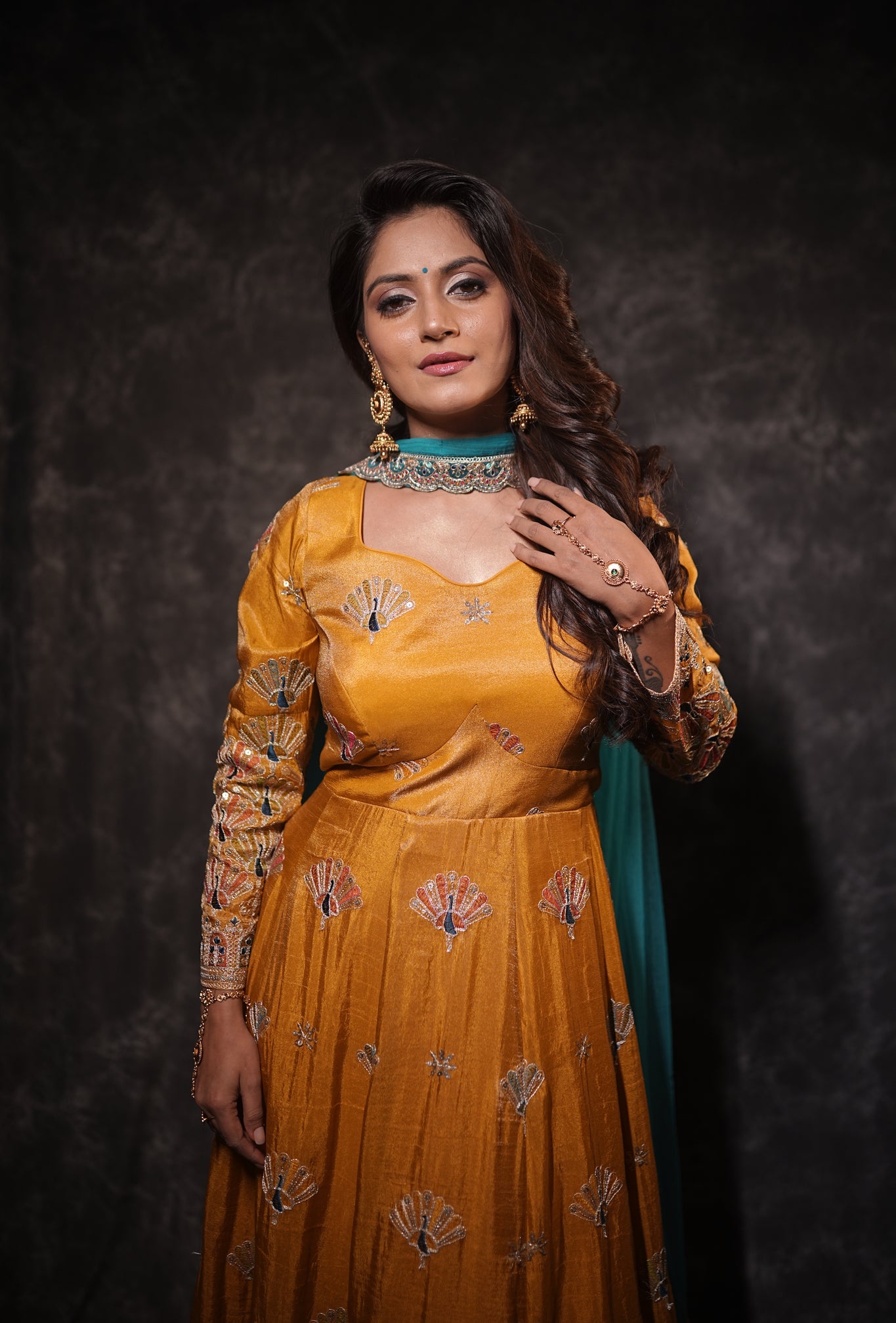 Anaash ORANGE  Embriodered Sequins Work Anarkali With Dupatta Butti Work With Border.