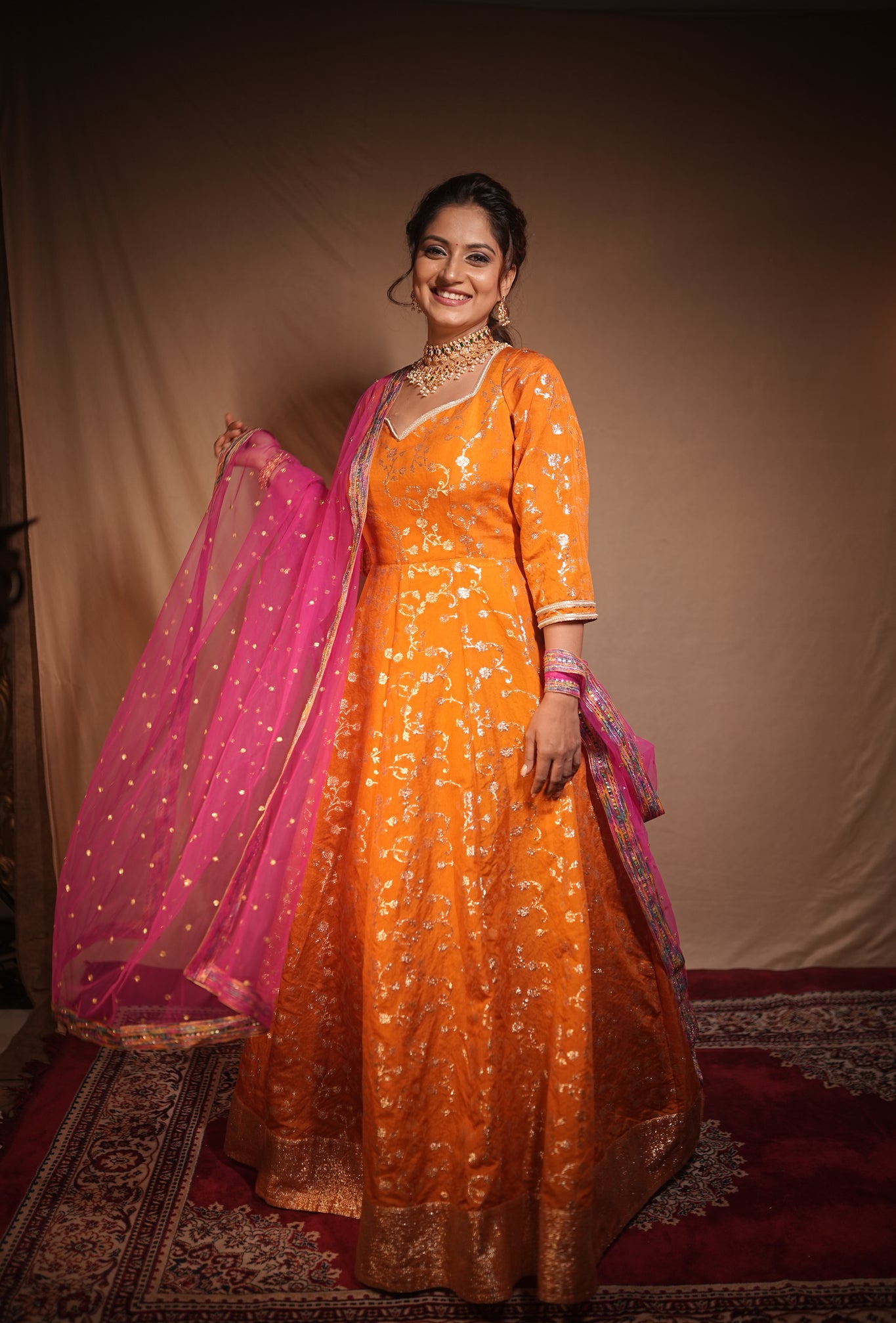 Anaash RUST  Sequins Work Anarkali With Dupatta Butti Work With Border.