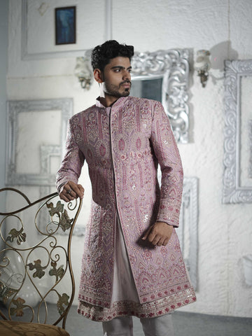 ESTELLA-All over flowral Peach -Hanswork Embroidery Royal style Sherwani & Anarkali with Dupatta