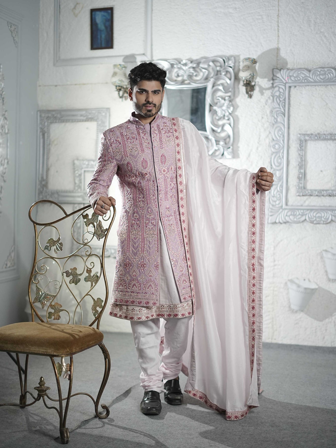 ESTELLA-All over flowral Peach -Hanswork Embroidery Royal style Sherwani & Anarkali with Dupatta