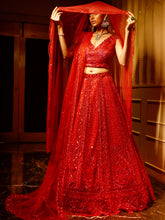 Royal Scarlet Heavy Embroidered Net Lehenga