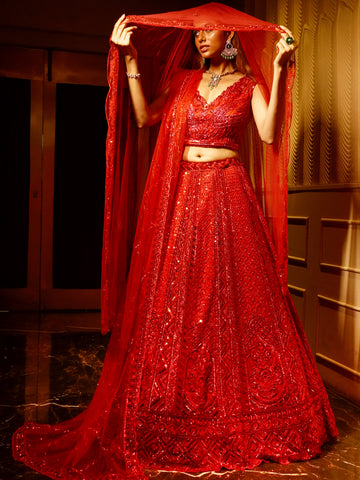 Royal Scarlet Heavy Embroidered Net Lehenga