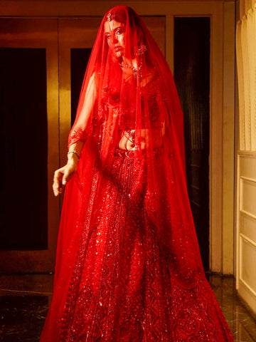 Royal Scarlet Heavy Embroidered Net Lehenga