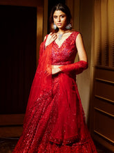 Royal Scarlet Heavy Embroidered Net Lehenga