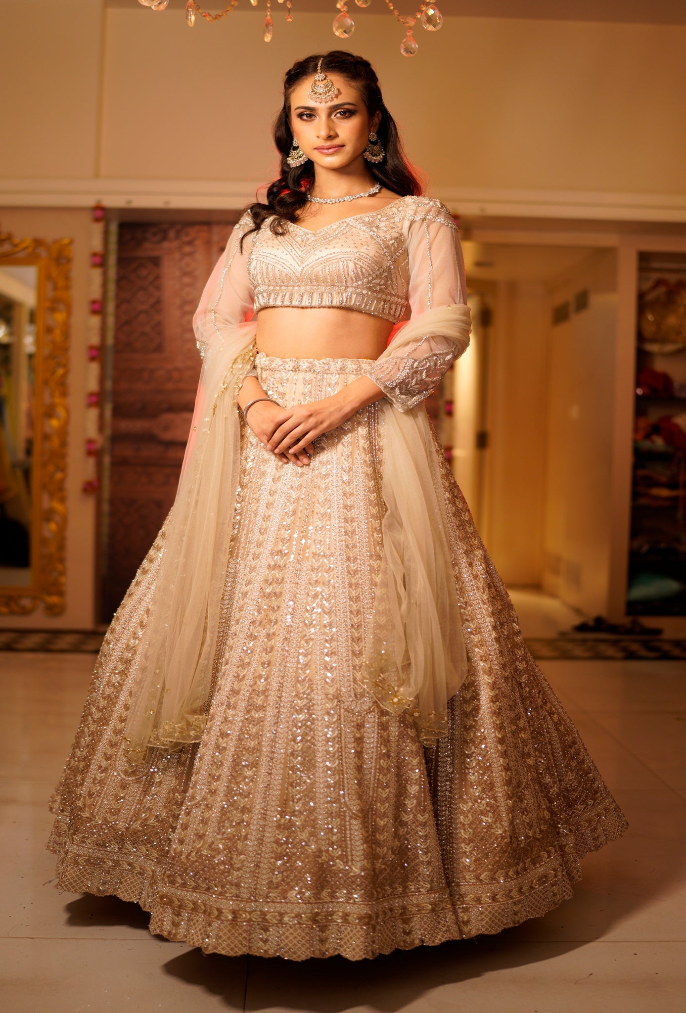 ITRH-  GOLDEN - Net Reception lehenga Embroidered with Pearls .