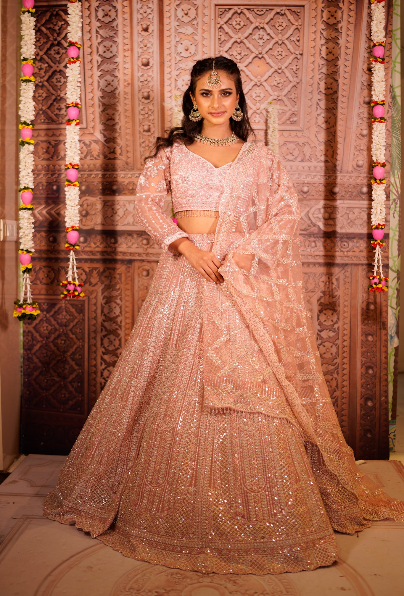 ITRH-  PINK- Net Reception lehenga Embroidered with Pearls .