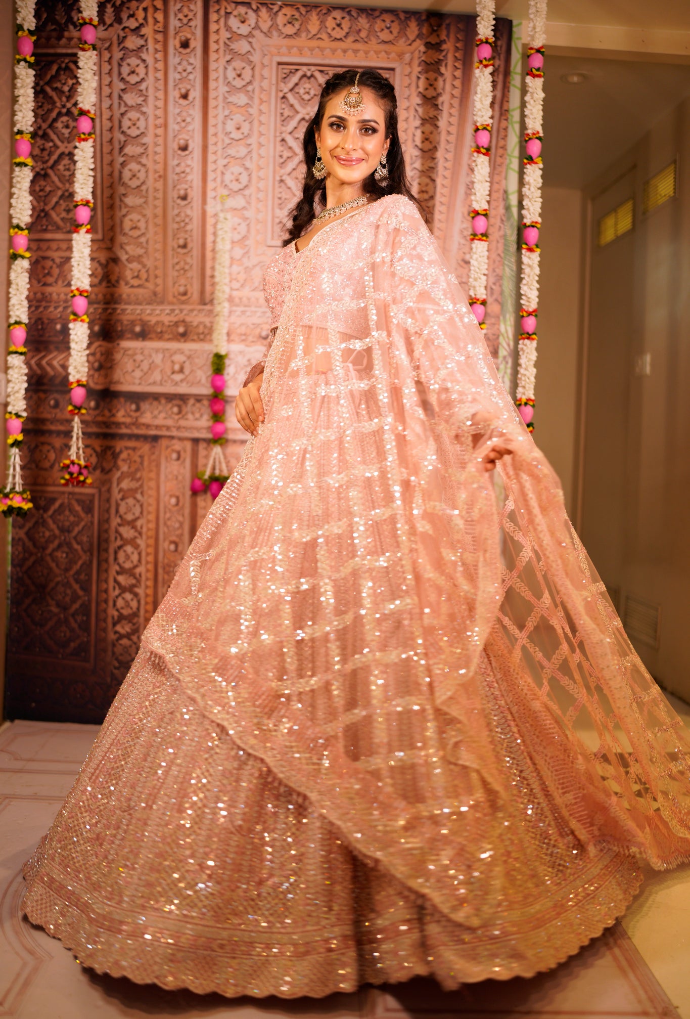 ITRH-  PINK- Net Reception lehenga Embroidered with Pearls .