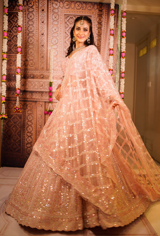 ITRH-  PINK- Net Reception lehenga Embroidered with Pearls .