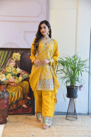 ALISHA -Yellow Silk Kurta set  Mirror Work And Heavy Border .