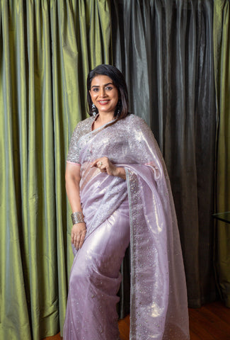 ANSHIKA-lavender  Saree In Organza With  Embroidery Border And Buttis Featuring Multicolour Moti And Sequins