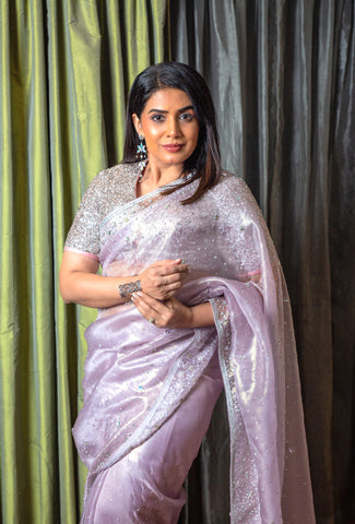 ANSHIKA-lavender  Saree In Organza With  Embroidery Border And Buttis Featuring Multicolour Moti And Sequins