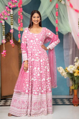 SIA - Pink Chikankari  Anarkali With Sequins Motif Border Dupatta.