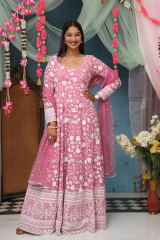Sia - Pink Chikankari Sequence Anarkali With Butti Work Dupatta With Border.