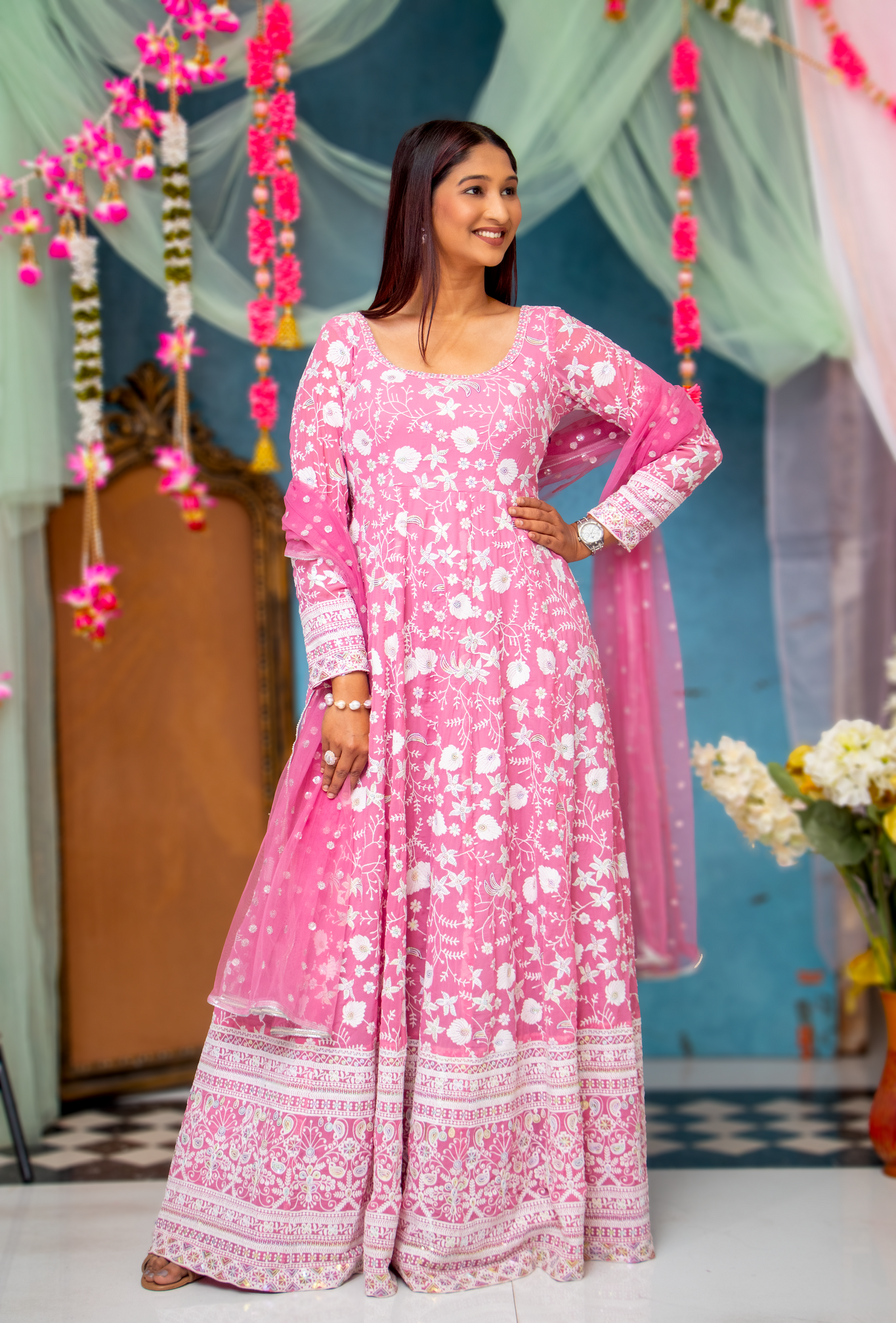 ALICA - Pink long Full Set Anarkali with Dupatta