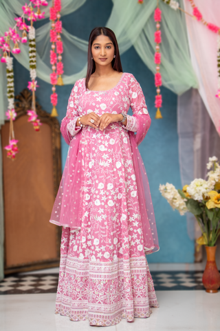 Sia - Pink Chikankari Sequence Anarkali With Butti Work Dupatta With Border.