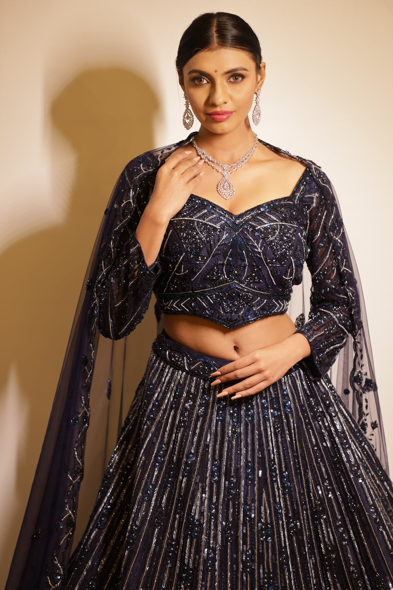 EKAYA - Indigo Blue Net Handwork with cutdana work stone & sequins work Lehenga Set