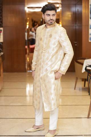 ROBYN-A soft IVORY Shade with Cream silk thread Embroidered Sherwani with plain pants