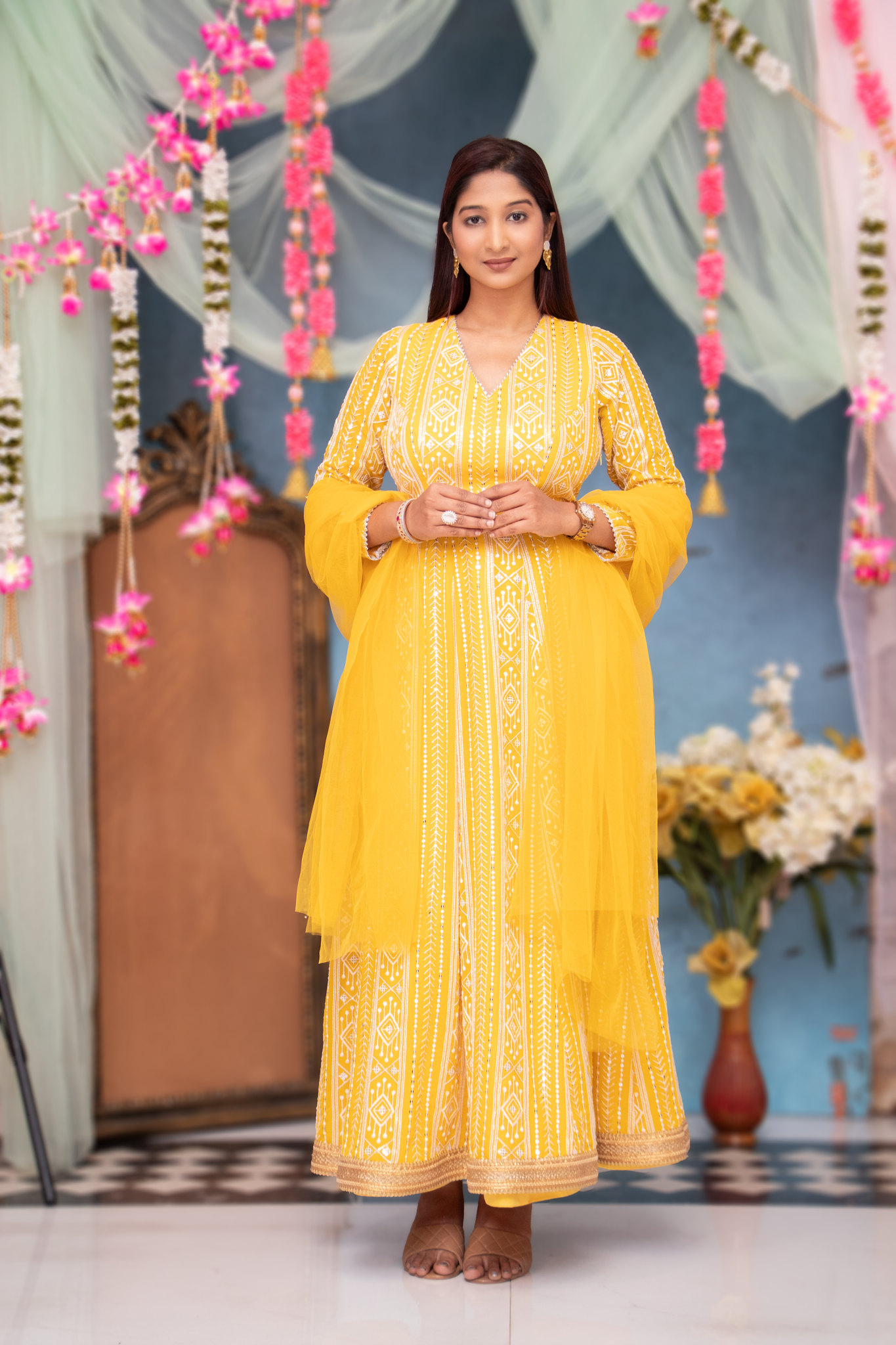 SIA-YELLOW Chikankari Sequins  Anarkali With Butti Work Dupatta With Border