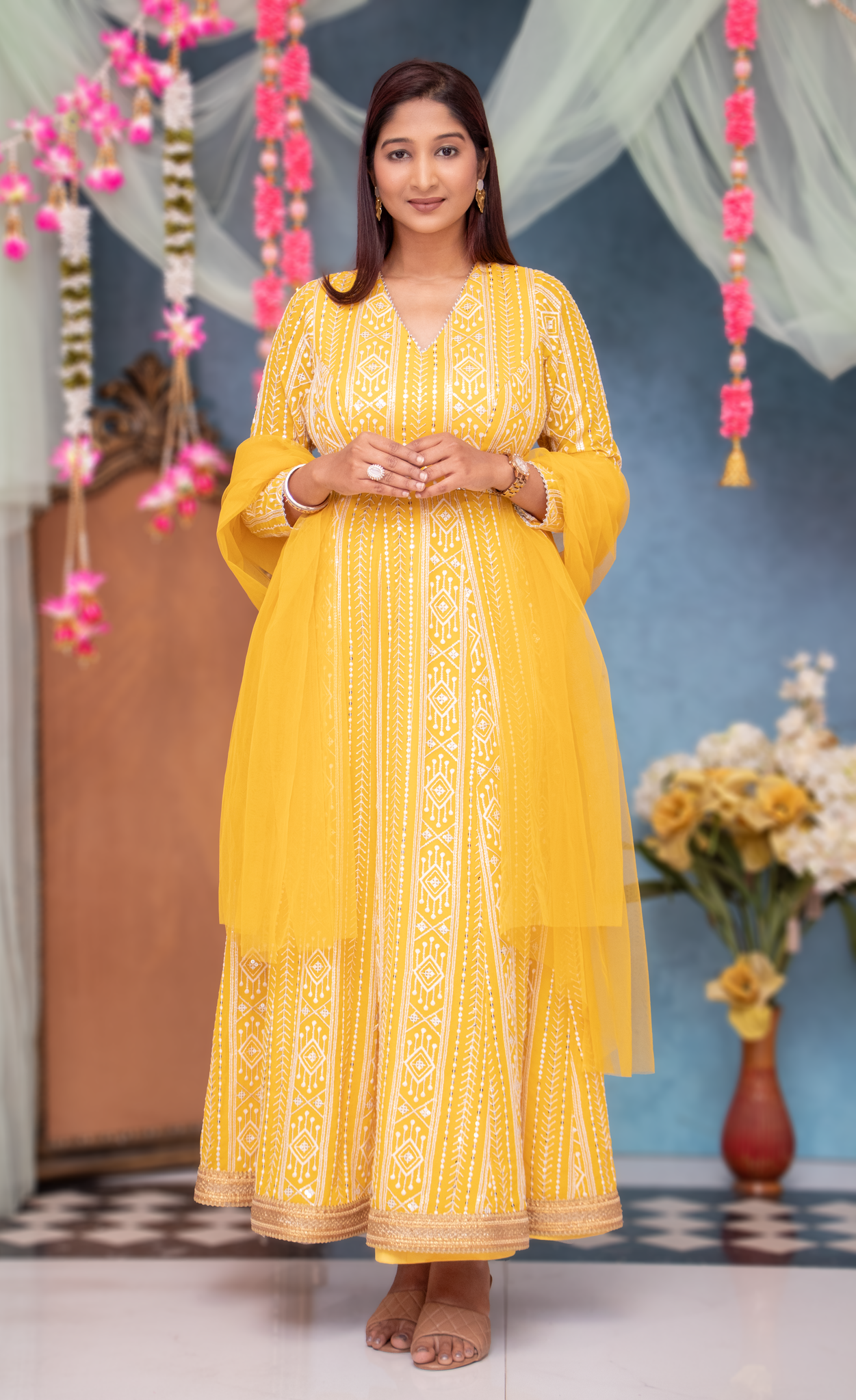 SIA-YELLOW Chikankari Sequins  Anarkali With Butti Work Dupatta With Border