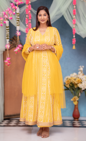 SIA-YELLOW Chikankari Sequins  Anarkali With Butti Work Dupatta With Border