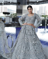 SAFAA- Net Gray Embroidered With Stone Sequins Reception lehenga.