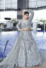 SAFAA- Net Gray Embroidered With Stone Sequins Reception lehenga.