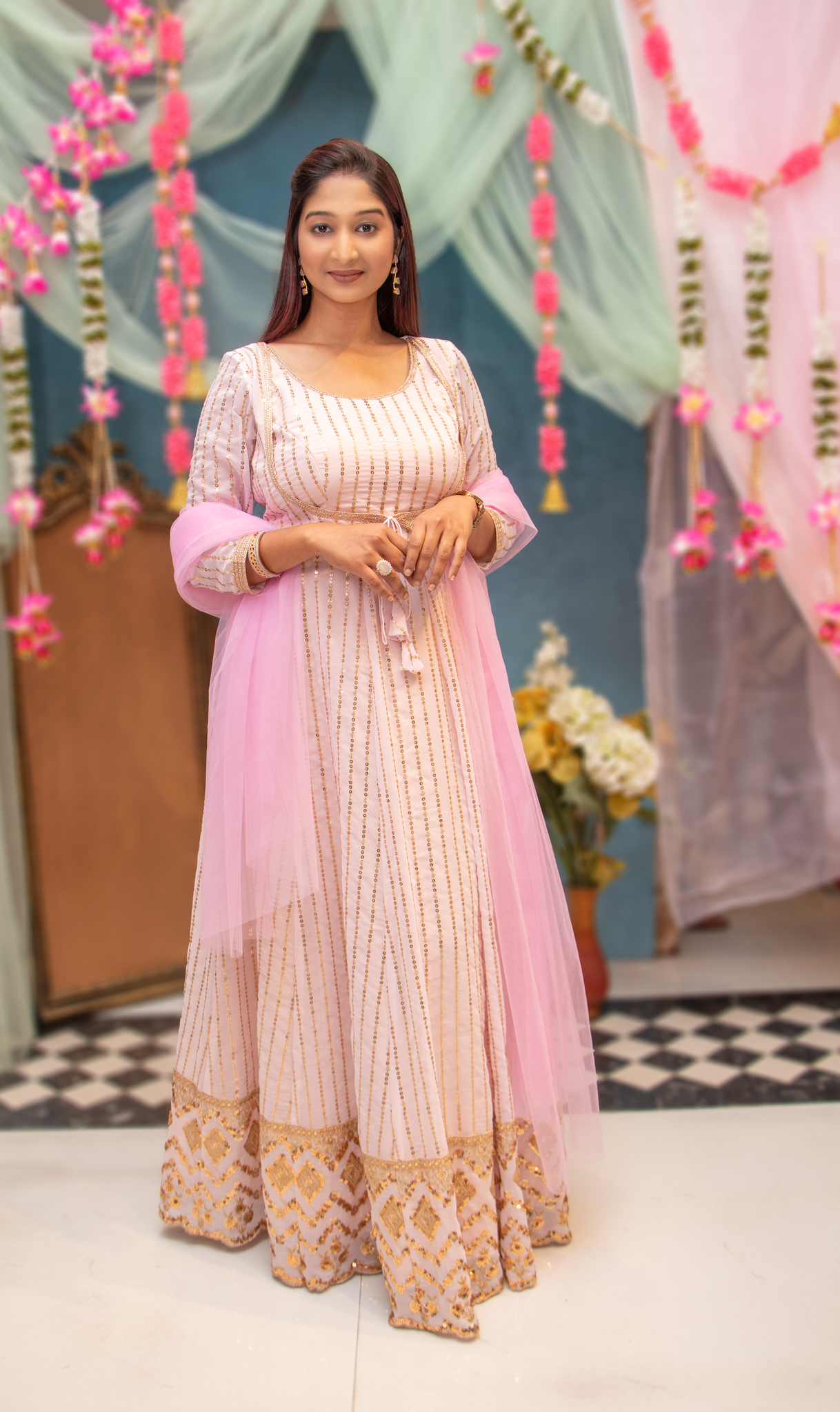 SIA-Deep Pink Chikankari  Anarkali With Sequins Motif Border Dupatta.