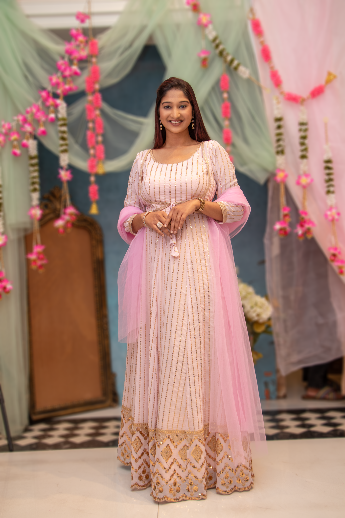 SIA-Deep Pink Chikankari  Anarkali With Sequins Motif Border Dupatta.