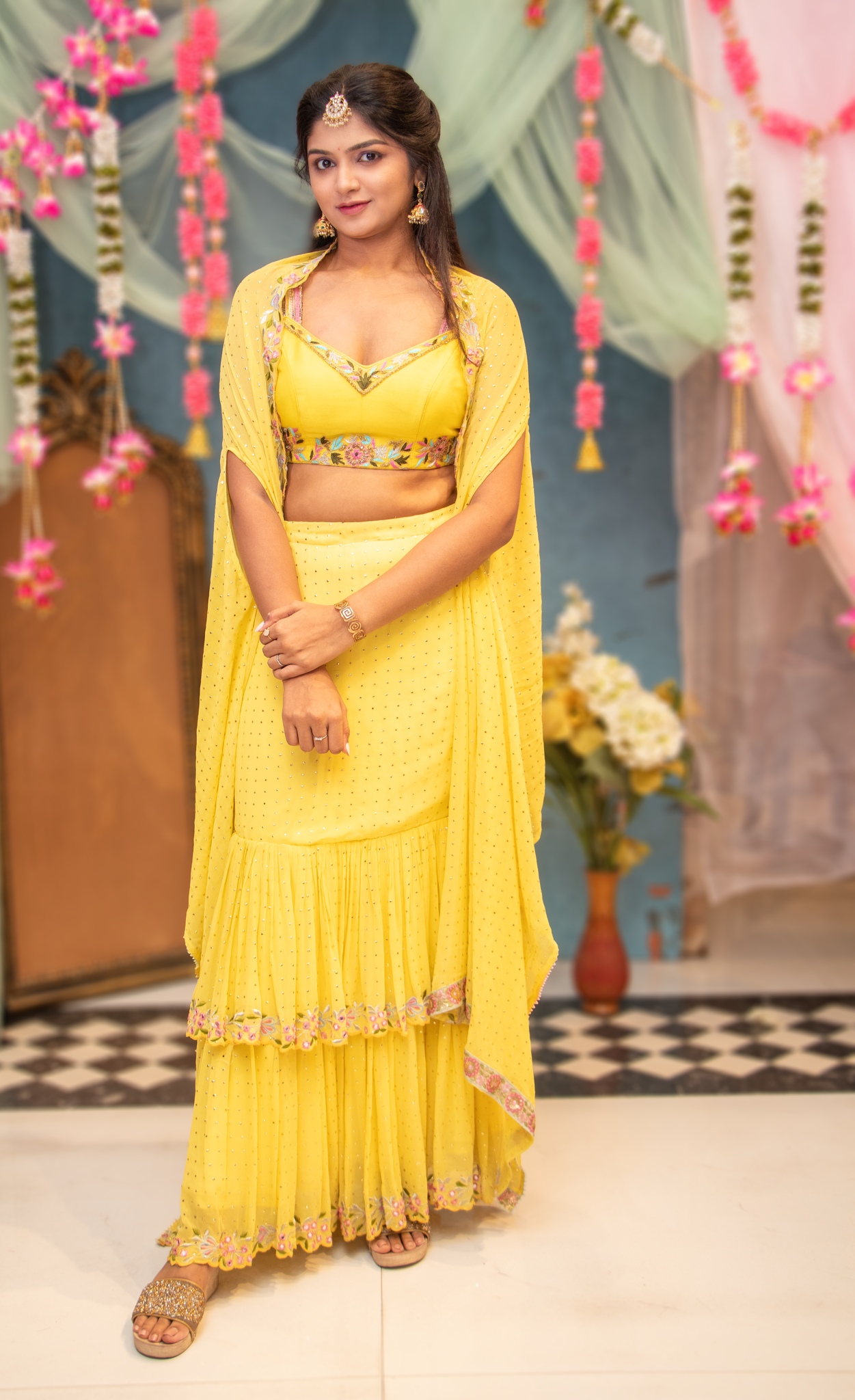 SIA- Amber Yellow Sequence  Ready To Wear Saree With cape