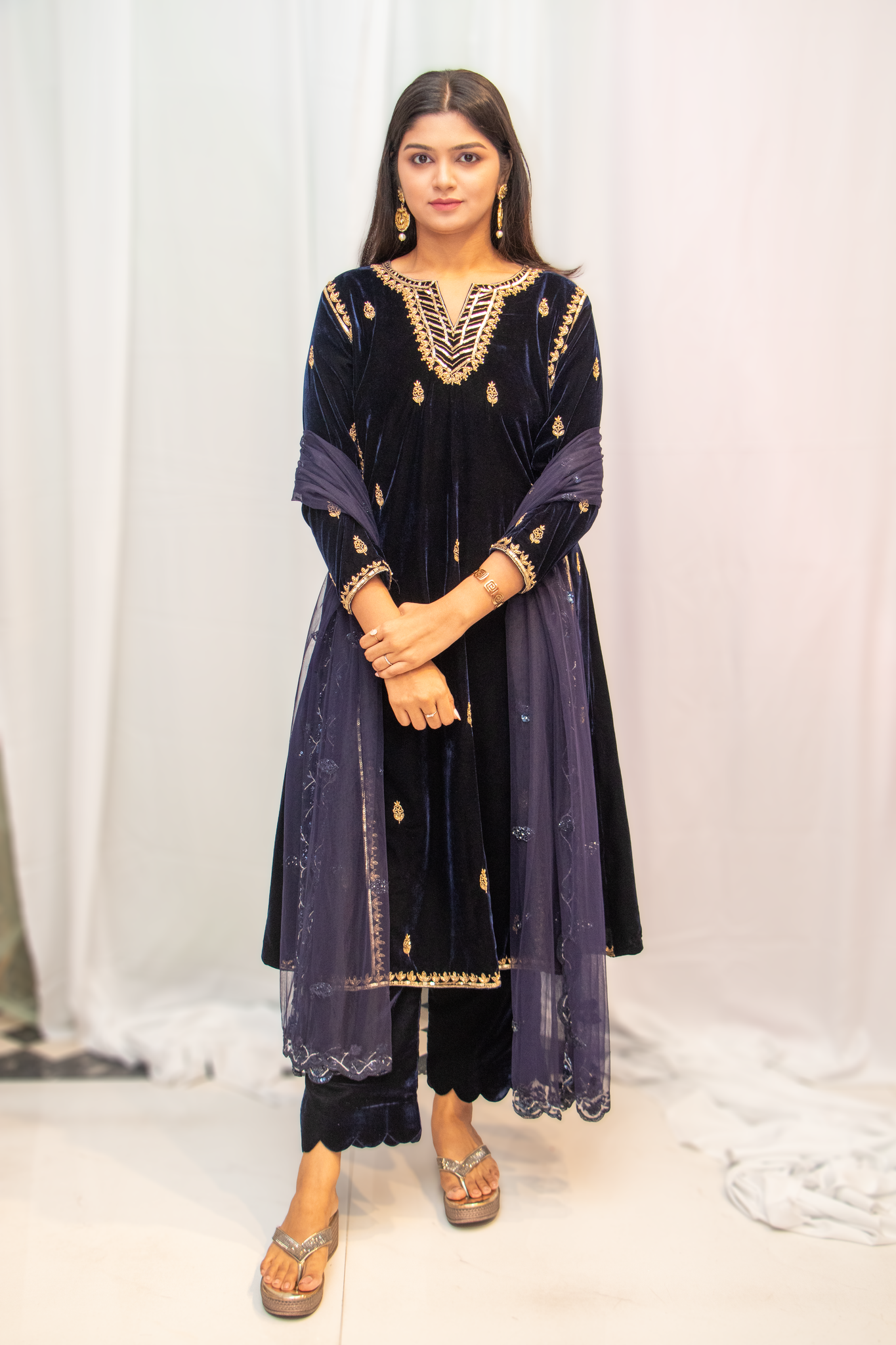 ROQA-Denim Blue Velvet  Suit Jari Work Cutdana  Work Kurti  And Pant