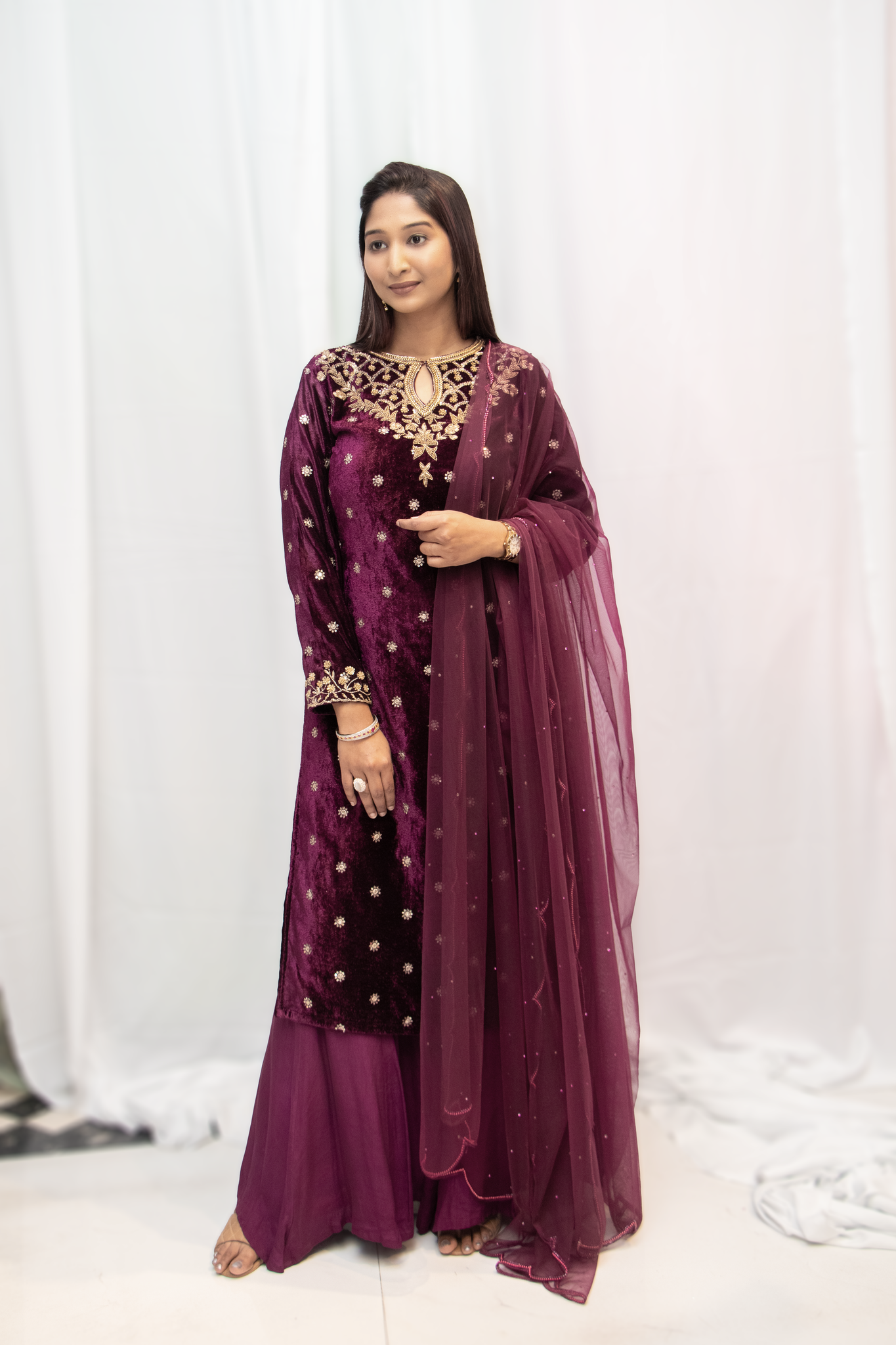 ROQA - Mulberry Wine Velvet  Suit Jari Work Cutdana  Work Kurti  And Pant