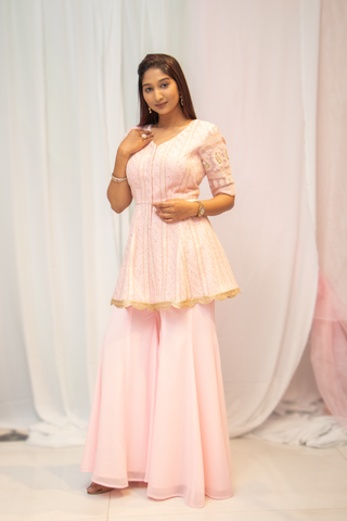 kiyohra- Rose Pink  chikankari Peplum Jacket with Palazzo Set