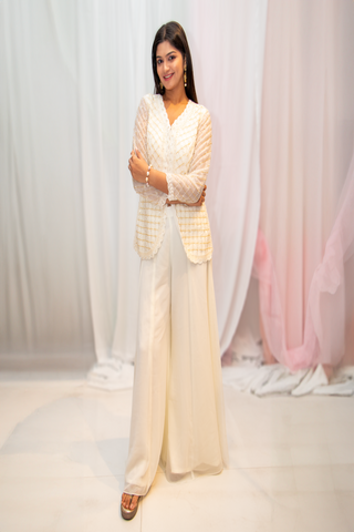 Nashit - Ivory White Handcrafted Peplum Jacket with Palazzo in Cutdana, Pearl and Stone Work