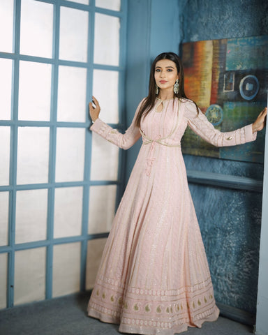 ALICA Peach Pink long anarkali with sequence and with dupatta with border