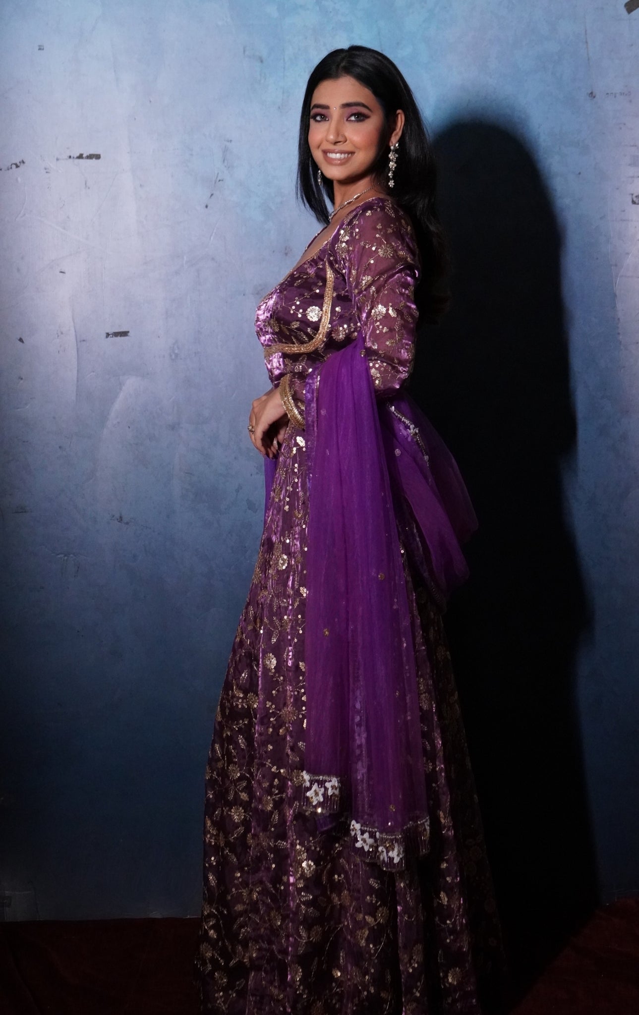 Anaash Purple Viscose Sequins Work Anarkali With Dupatta Butti Work With Border.