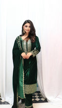 ROQA-GREEN Velvet  Suit Jari Work Cutdana  Work Kurti  And Pant.