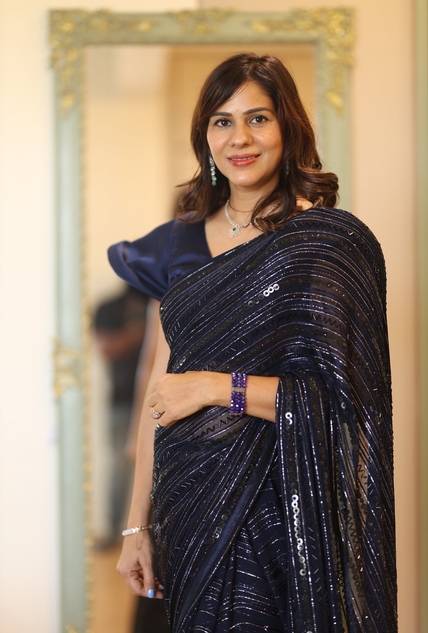 KATHAA - Navy blue color Handwork Cutdana work embellished designer silk  saree And Unstitched Blouse.  