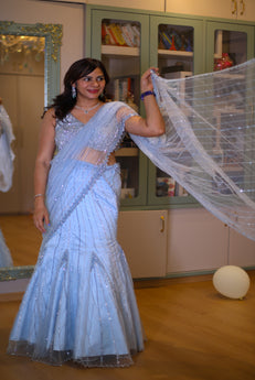 Ekaya- Sky Blue Fishcut Lehenga Saree Set .