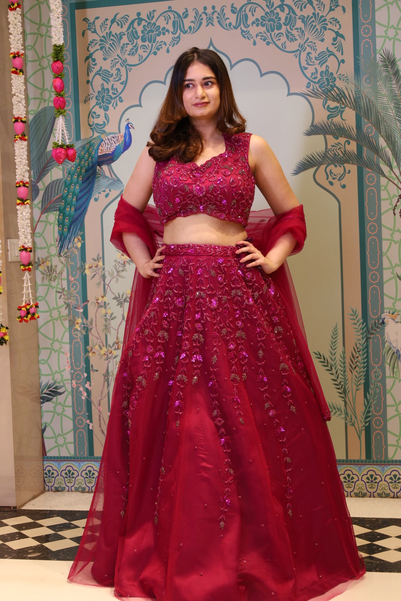 STELLA - Maroon lehenga handcrafted in cutdana sequin and Pearl work with Matching blouse and Dupatta