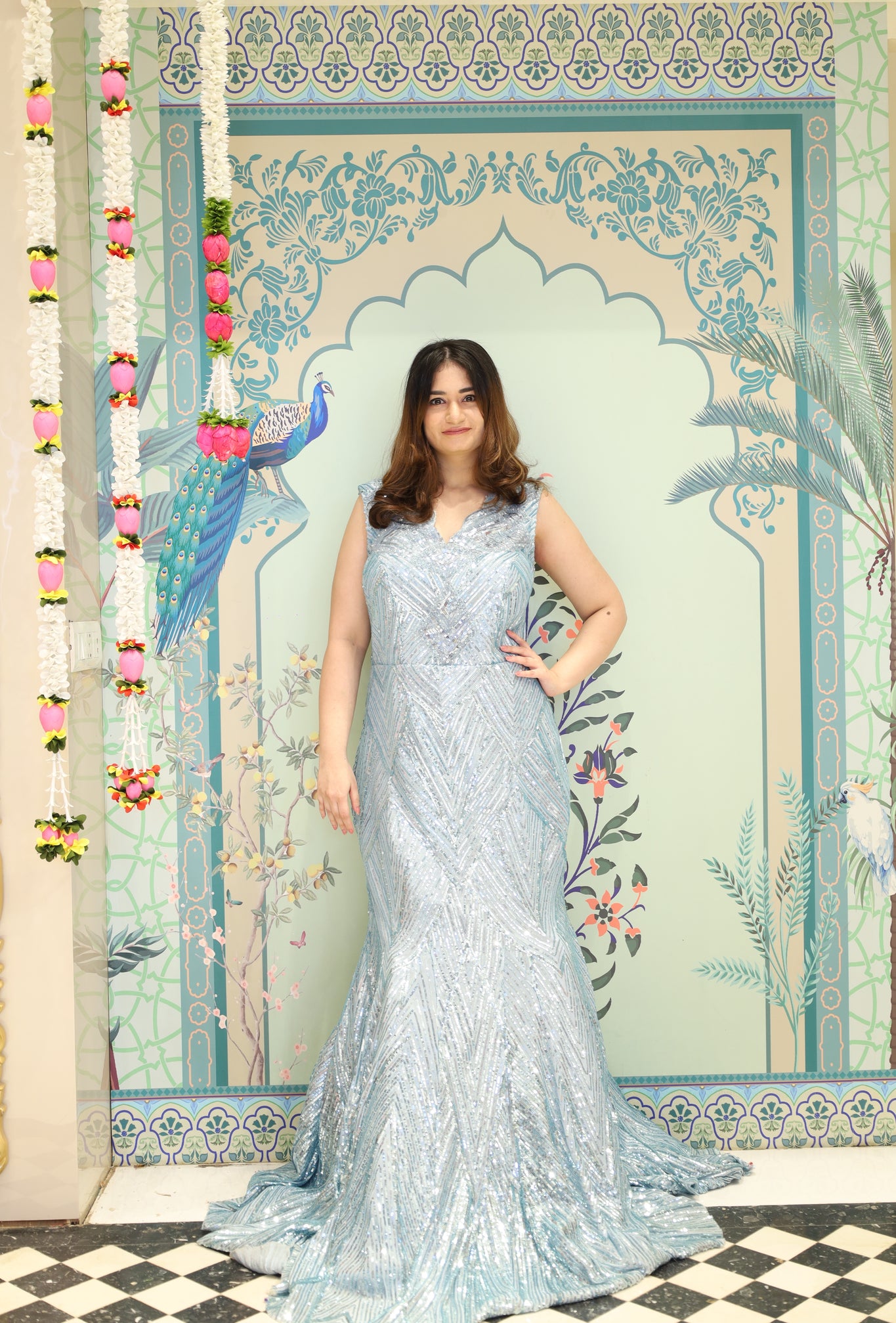 ASRAA - Embroidered Sky Blue Gown in net with sequins & cutdana work .