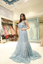 ASRAA - Embroidered Sky Blue Gown in net with sequins & cutdana work .