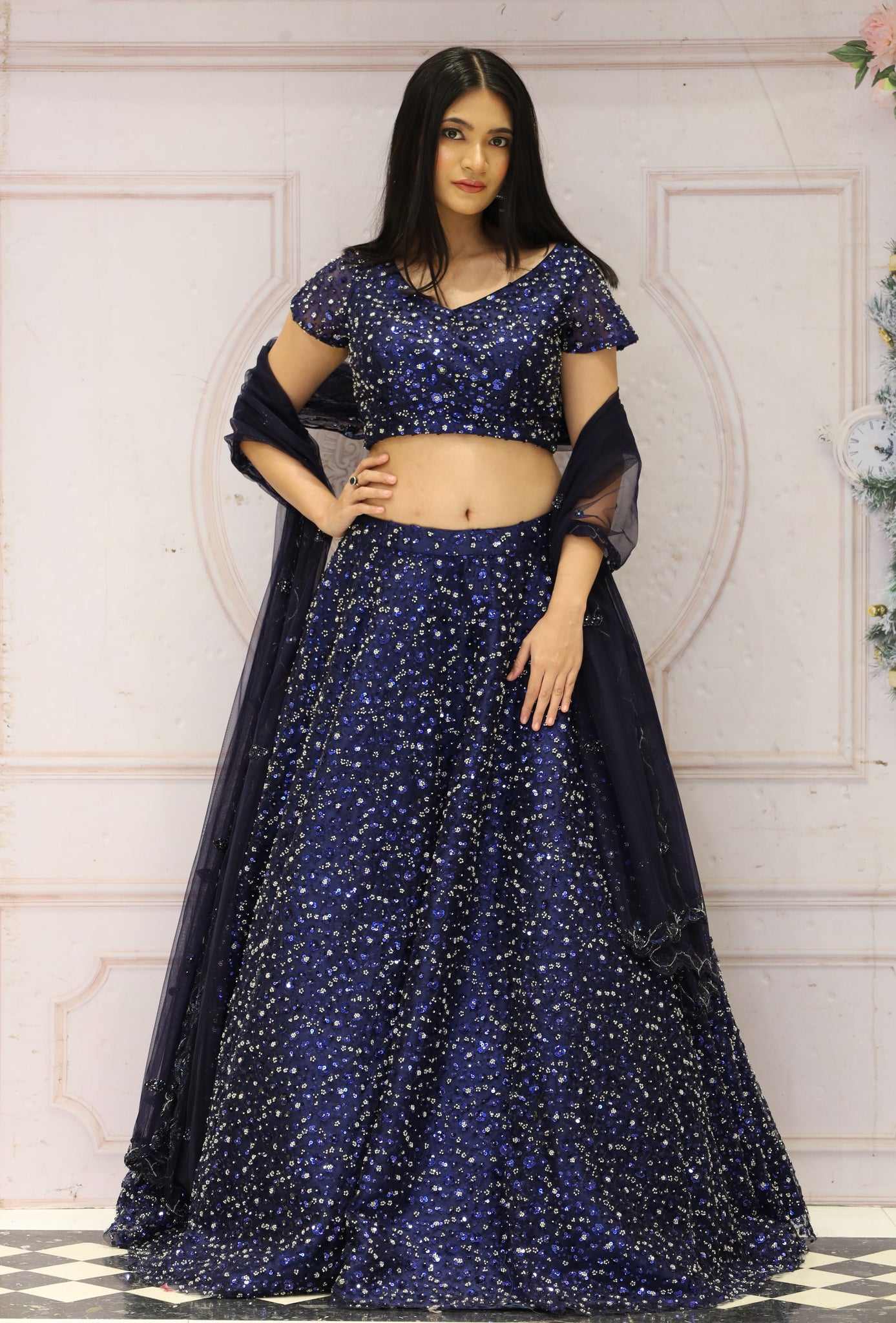 DIOR- Navy Blue Net Handwork Lehenga Set with cutdana , stone & sequins work