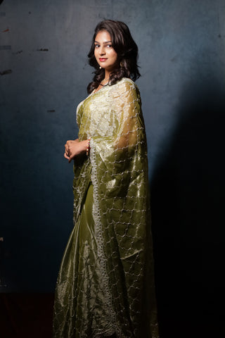 TERESA-Pista Green Embroidered Net Saree with Unstitched Blouse