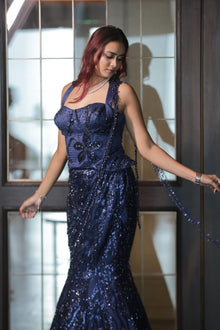 Dazzling Blue Sequin Fishcut Skirt with Halter Corset