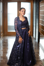 Shimmering Navy Blue Sequin Lehenga with Long Sheer Jacket