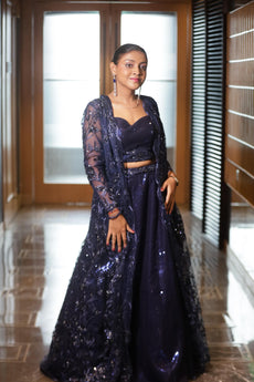 Shimmering Navy Blue Sequin Lehenga with Long Sheer Jacket