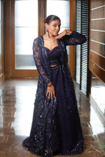 Shimmering Navy Blue Sequin Lehenga with Long Sheer Jacket