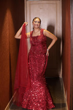 Maroon Sequin Corset Top with Fishcut Lehenga Skirt Set